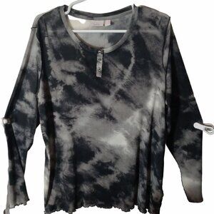Logo Layers Womens Long Sleeve Tie-Dye Shirt Mesh L Henley Style Sheer Black Gra